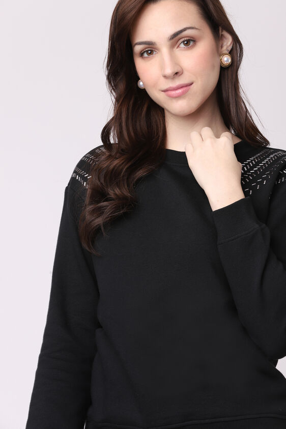 Black Solid Round Neck Top, Black, image 5